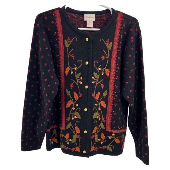 Crystal Kobe vintage button up sweater cardigan fall leaves embroidered M dots - Picture 1 of 9